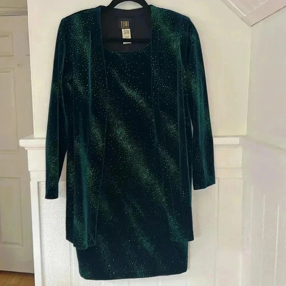 Teddi Evening Velvet Sequin Green Dress with Jacket Overlay  8P Holiday Party - Picture 2 of 8